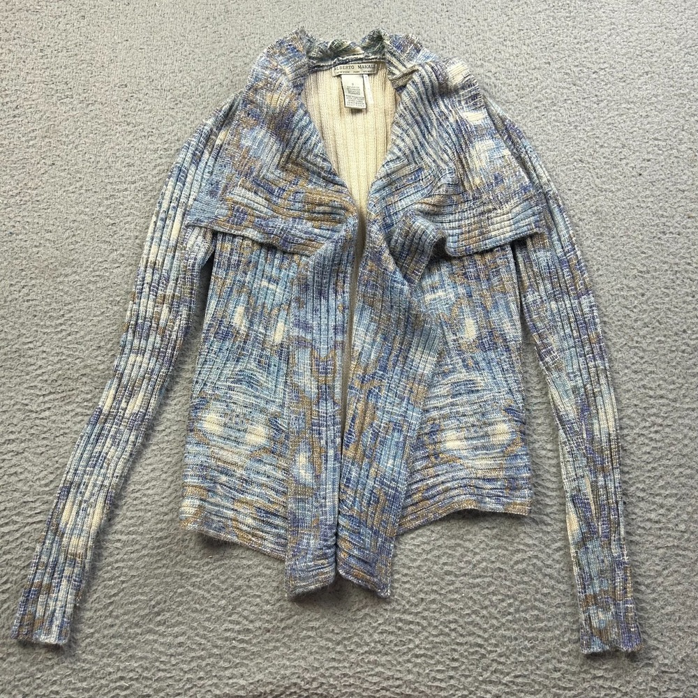 Alberto Makali Cardigan Womens S Blue Multicolor Ribbed Knit Drape Open Front